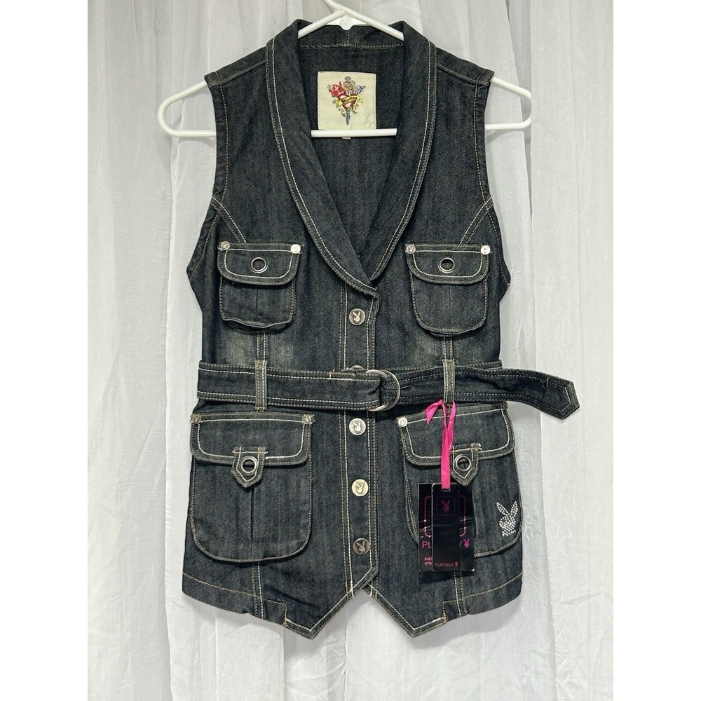 Playboy Y2K embellished Denim Vest Dark Wash Embroidered Belted Womens S NOS
